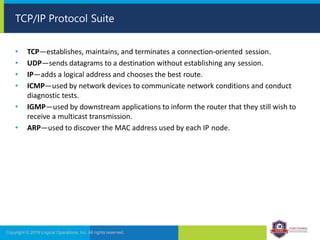 • TCP—establishes, maintains, and terminates a connection-oriented session.
• UDP—sends datagrams to a destination without establishing any session.
• IP—adds a logical address and chooses the best route.
• ICMP—used by network devices to communicate network conditions and conduct
diagnostic tests.
• IGMP—used by downstream applications to inform the router that they still wish to
receive a multicast transmission.
• ARP—used to discover the MAC address used by each IP node.
Copyright © 2019 Logical Operations, Inc. All rights reserved.
TCP/IP Protocol Suite
 