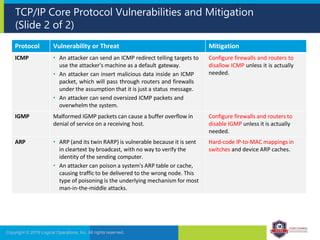 TCP/IP Core Protocol Vulnerabilities and Mitigation
(Slide 2 of 2)
Copyright © 2019 Logical Operations, Inc. All rights reserved.
Protocol Vulnerability or Threat Mitigation
ICMP • An attacker can send an ICMP redirect telling targets to
use the attacker's machine as a default gateway.
• An attacker can insert malicious data inside an ICMP
packet, which will pass through routers and firewalls
under the assumption that it is just a status message.
• An attacker can send oversized ICMP packets and
overwhelm the system.
Configure firewalls and routers to
disallow ICMP unless it is actually
needed.
IGMP Malformed IGMP packets can cause a buffer overflow in
denial of service on a receiving host.
Configure firewalls and routers to
disable IGMP unless it is actually
needed.
ARP • ARP (and its twin RARP) is vulnerable because it is sent
in cleartext by broadcast, with no way to verify the
identity of the sending computer.
• An attacker can poison a system's ARP table or cache,
causing traffic to be delivered to the wrong node. This
type of poisoning is the underlying mechanism for most
man-in-the-middle attacks.
Hard-code IP-to-MAC mappings in
switches and device ARP caches.
 