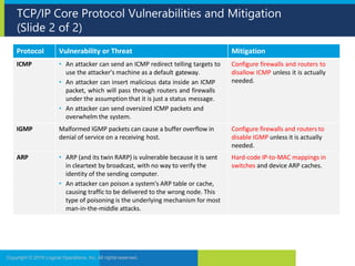 TCP/IP Core Protocol Vulnerabilities and Mitigation
(Slide 2 of 2)
Copyright © 2019 Logical Operations, Inc. All rights reserved.
Protocol Vulnerability or Threat Mitigation
ICMP • An attacker can send an ICMP redirect telling targets to
use the attacker's machine as a default gateway.
• An attacker can insert malicious data inside an ICMP
packet, which will pass through routers and firewalls
under the assumption that it is just a status message.
• An attacker can send oversized ICMP packets and
overwhelm the system.
Configure firewalls and routers to
disallow ICMP unless it is actually
needed.
IGMP Malformed IGMP packets can cause a buffer overflow in
denial of service on a receiving host.
Configure firewalls and routers to
disable IGMP unless it is actually
needed.
ARP • ARP (and its twin RARP) is vulnerable because it is sent
in cleartext by broadcast, with no way to verify the
identity of the sending computer.
• An attacker can poison a system's ARP table or cache,
causing traffic to be delivered to the wrong node. This
type of poisoning is the underlying mechanism for most
man-in-the-middle attacks.
Hard-code IP-to-MAC mappings in
switches and device ARP caches.
 