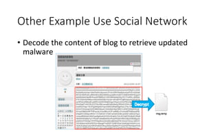 Other  Example  Use  Social  Network
•  Decode	
  the	
  content	
  of	
  blog	
  to	
  retrieve	
  updated	
  
malware
 