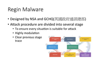 Regin  Malware
•  Designed	
  by	
  NSA	
  and	
  GCHQ(英國政府通訊總部)	
  
•  A<ack	
  procedure	
  are	
  divided	
  into	
  several	
  stage	
  
•  To	
  ensure	
  every	
  situaRon	
  is	
  suitable	
  for	
  a<ack	
  
•  Highly	
  modulaRon	
  
•  Clear	
  previous	
  stage	
  	
  
trace	
  
 