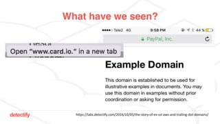 detectify
What have we seen?
https://labs.detectify.com/2016/10/05/the-story-of-ev-ssl-aws-and-trailing-dot-domains/
 