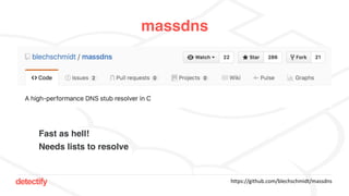 detectify
massdns
https://github.com/blechschmidt/massdns
Fast as hell!
Needs lists to resolve
 