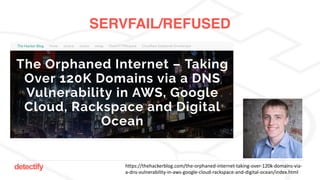 detectify https://thehackerblog.com/the-orphaned-internet-taking-over-120k-domains-via-
a-dns-vulnerability-in-aws-google-cloud-rackspace-and-digital-ocean/index.html
SERVFAIL/REFUSED
 