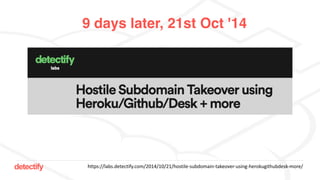 detectify https://labs.detectify.com/2014/10/21/hostile-subdomain-takeover-using-herokugithubdesk-more/
9 days later, 21st Oct '14
 