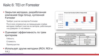 Кейс 6: TEI от Forrester 
§ Закрытая методика, разработанная 
компанией Giga Group, купленной 
Forrester 
Требует участия экспертов Forrester 
Почти все упомянутые на предыдущем слайде 
методики требуют участия их авторов, работающих 
«на доверии» и «на имени» 
§ Оценивает эффективность по трем 
критериям 
Гибкость 
Стоимость 
Преимущества 
§ Использует другие методики (ROV, ROI и 
т.п.) 
© Cisco и(или) ее аффилированные лица, 2014 г. Все права защищены. 18 
 