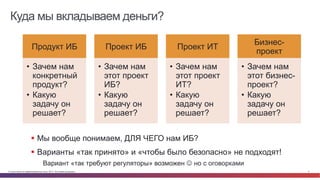 Куда мы вкладываем деньги? 
Продукт ИБ 
• Зачем нам 
конкретный 
продукт? 
• Какую 
задачу он 
решает? 
Проект ИБ 
• Зачем нам 
этот проект 
ИБ? 
• Какую 
задачу он 
решает? 
Проект ИТ 
• Зачем нам 
этот проект 
ИТ? 
• Какую 
задачу он 
решает? 
Бизнес- 
проект 
• Зачем нам 
этот бизнес- 
проект? 
• Какую 
задачу он 
решает? 
§ Мы вообще понимаем, ДЛЯ ЧЕГО нам ИБ? 
§ Варианты «так принято» и «чтобы было безопасно» не подходят! 
Вариант «так требуют регуляторы» возможен J но с оговорками 
© Cisco и(или) ее аффилированные лица, 2014 г. Все права защищены. 4 
 