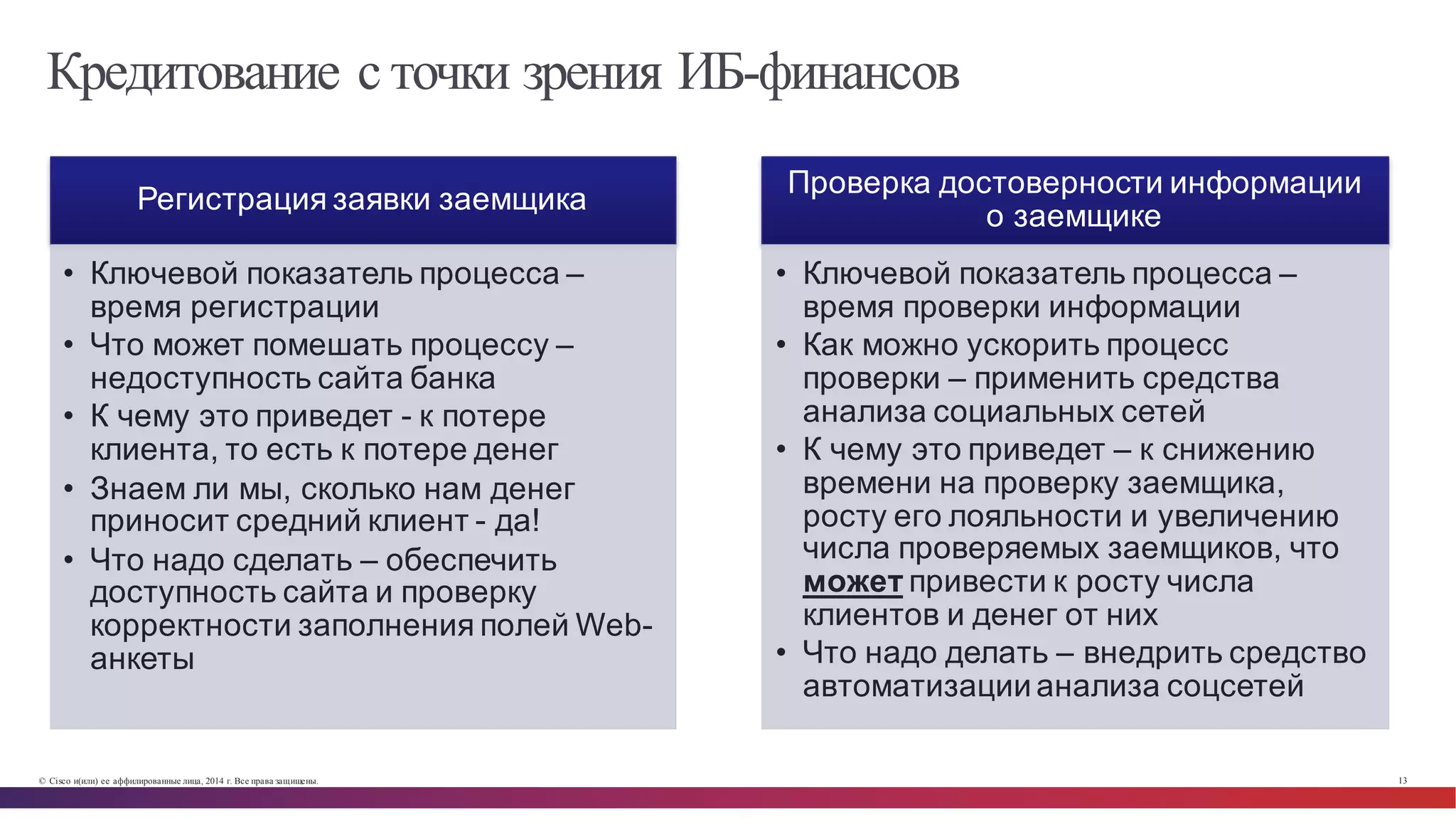 © Cisco и(или) ее аффилированные лица, 2014 г. Все права защищены. 13
Кредитование с точки зрения ИБ-финансов
Регистрация  заявки  заемщика
• Ключевой показатель  процесса  –
время  регистрации
• Что  может  помешать  процессу –
недоступность  сайта  банка
• К  чему  это  приведет  -­ к  потере  
клиента,  то  есть  к  потере  денег
• Знаем  ли  мы,  сколько  нам  денег  
приносит  средний  клиент  -­ да!
• Что  надо  сделать  – обеспечить  
доступность  сайта  и  проверку  
корректности  заполнения  полей  Web-­
анкеты
Проверка  достоверности  информации  
о  заемщике
• Ключевой  показатель  процесса  –
время  проверки  информации
• Как можно  ускорить  процесс  
проверки  – применить  средства  
анализа  социальных  сетей
• К  чему  это  приведет  – к  снижению  
времени  на  проверку  заемщика,  
росту  его  лояльности  и  увеличению  
числа  проверяемых  заемщиков,  что  
может привести  к  росту  числа  
клиентов  и  денег  от  них
• Что  надо  делать  – внедрить  средство  
автоматизации  анализа  соцсетей
 