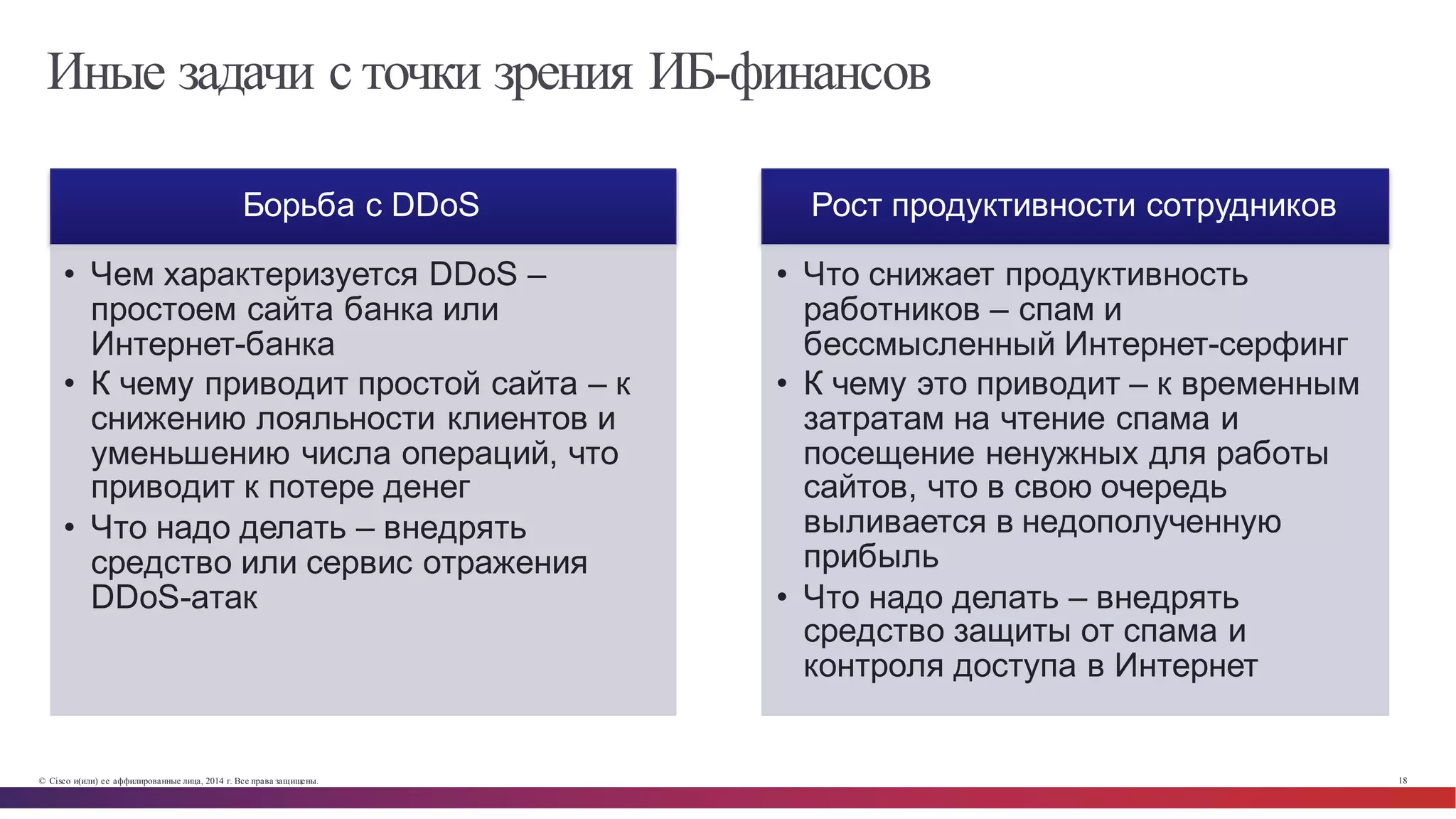 © Cisco и(или) ее аффилированные лица, 2014 г. Все права защищены. 18
Иные задачи с точки зрения ИБ-финансов
Борьба  с  DDoS
• Чем  характеризуется  DDoS  –
простоем  сайта  банка  или  
Интернет-­банка
• К  чему  приводит  простой  сайта  – к  
снижению  лояльности  клиентов  и  
уменьшению  числа  операций,  что  
приводит  к  потере  денег
• Что  надо  делать  – внедрять  
средство  или  сервис  отражения  
DDoS-­атак
Рост  продуктивности  сотрудников
• Что снижает  продуктивность  
работников  – спам  и  
бессмысленный  Интернет-­серфинг
• К  чему  это  приводит  – к  временным  
затратам  на  чтение  спама  и  
посещение  ненужных  для  работы  
сайтов,  что  в  свою  очередь  
выливается  в  недополученную  
прибыль
• Что  надо  делать  – внедрять  
средство  защиты  от  спама  и  
контроля  доступа  в  Интернет
 