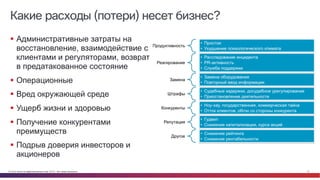 © Cisco и(или) ее аффилированные лица, 2014 г. Все права защищены. 13
Какие расходы (потери) несет бизнес?
§ Административные затраты на
восстановление, взаимодействие с
клиентами и регуляторами, возврат
в предатакованное состояние
§ Операционные
§ Вред окружающей среде
§ Ущерб жизни и здоровью
§ Получение конкурентами
преимуществ
§ Подрыв доверия инвесторов и
акционеров
 
