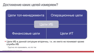 © Cisco и(или) ее аффилированные лица, 2014 г. Все права защищены. 9
Достижение каких целей измеряем?
Цели топ-менеджмента Операционные цели
Финансовые цели Цели ИТ
Цели ИБ
§  Цели ИБ в данной ситуации вторичны, т.к. их никто не понимает кроме
службы ИБ
Грустно это признавать, но это так
 