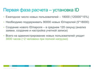 • Ежегодное число новых пользователей – 18000 (120000*15%)

• Необходимо поддерживать 90000 новых ID/паролей (5*18000)

• Создание нового ID/пароля – в среднем 120 секунд (анализ
     заявки, создание и настройка учетной записи)
• Всего на администрирование новых пользователей уходит
     3000 часов (~2 человека при полной нагрузке)




© Cisco, 2010. Все права защищены.                           31/49
 
