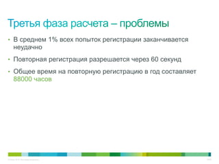 • В среднем 1% всех попыток регистрации заканчивается
     неудачно
• Повторная регистрация разрешается через 60 секунд

• Общее время на повторную регистрацию в год составляет
     88000 часов




© Cisco, 2010. Все права защищены.                        33/49
 
