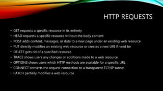 • GET requests a specific resource in its entirety
• HEAD requests a specific resource without the body content
• POST adds content, messages, or data to a new page under an existing web resource
• PUT directly modifies an existing web resource or creates a new URI if need be
• DELETE gets rid of a specified resource
• TRACE shows users any changes or additions made to a web resource
• OPTIONS shows users which HTTP methods are available for a specific URL
• CONNECT converts the request connection to a transparent TCP/IP tunnel
• PATCH partially modifies a web resource
HTTP REQUESTS
 