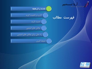 ‫فهرست‬‫مطالب‬
‫تاریخچه‬ ‫و‬ ‫مقدمه‬
‫گرید‬ ‫اهمیت‬ ‫و‬ ‫کاربرد‬
‫گرید‬ ‫امنیت‬
‫امنیتی‬ ‫های‬ ‫چالش‬
‫امنیتی‬ ‫های‬ ‫چالش‬ ‫برای‬ ‫حلی‬ ‫راه‬
‫گیری‬ ‫نتیجه‬
‫تاریخچه‬ ‫و‬ ‫مقدمه‬
 