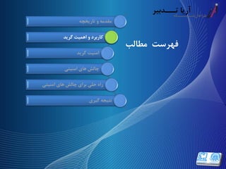 ‫فهرست‬‫مطالب‬
‫تاریخچه‬ ‫و‬ ‫مقدمه‬
‫گرید‬ ‫اهمیت‬ ‫و‬ ‫کاربرد‬
‫گرید‬ ‫امنیت‬
‫امنیتی‬ ‫های‬ ‫چالش‬
‫امنیتی‬ ‫های‬ ‫چالش‬ ‫برای‬ ‫حلی‬ ‫راه‬
‫گیری‬ ‫نتیجه‬
‫گرید‬ ‫اهمیت‬ ‫و‬ ‫کاربرد‬
 