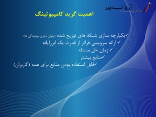 ‫کامپیوتی‬ ‫گرید‬ ‫اهمیت‬‫نگ‬
‫یکپارچه‬‫سازی‬‫شبکه‬‫های‬‫توزیع‬‫شده‬(‫پنهان‬‫سازی‬‫پیچیدگی‬‫ها‬)
‫ارائه‬‫سرویسی‬‫فراتر‬‫از‬‫قدرت‬‫یک‬‫ابررایانه‬
‫زمان‬‫حل‬‫مسئله‬
‫منابع‬‫بیشتر‬
‫قابل‬‫استفاده‬‫بودن‬‫منابع‬‫برای‬‫همه‬(‫کاربران‬)
 