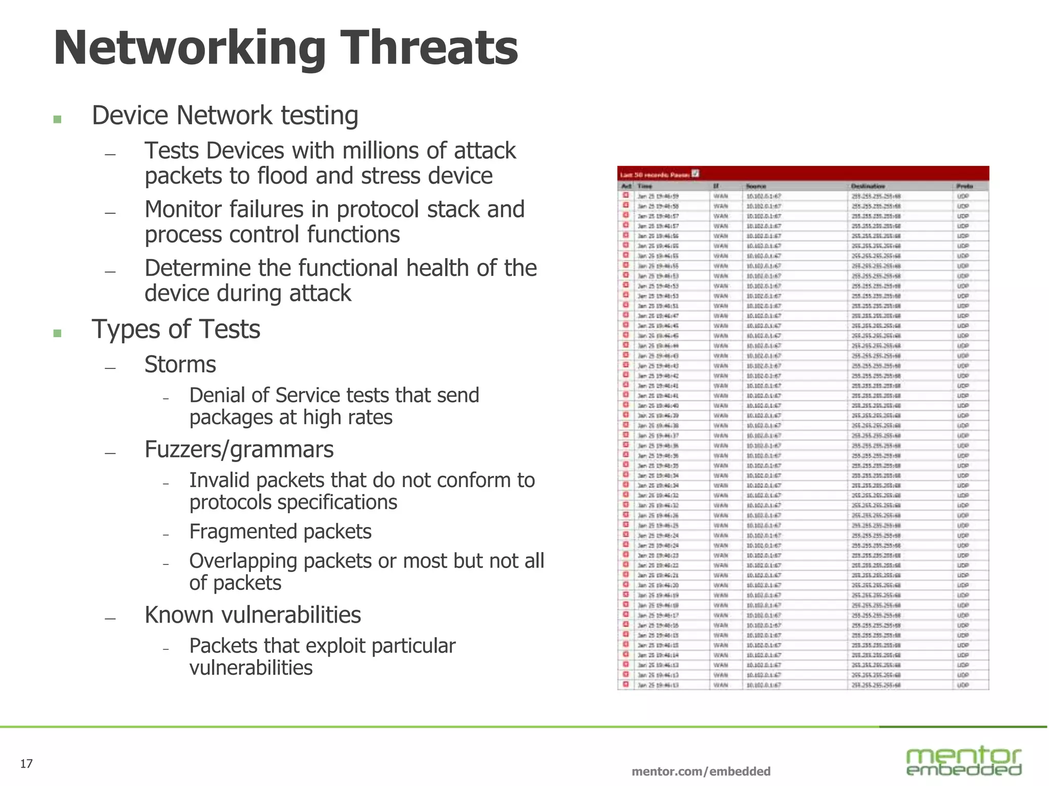 17
mentor.com/embedded
17
Networking Threats
 Device Network testing
— Tests Devices with millions of attack
packets to flood and stress device
— Monitor failures in protocol stack and
process control functions
— Determine the functional health of the
device during attack
 Types of Tests
— Storms
– Denial of Service tests that send
packages at high rates
— Fuzzers/grammars
– Invalid packets that do not conform to
protocols specifications
– Fragmented packets
– Overlapping packets or most but not all
of packets
— Known vulnerabilities
– Packets that exploit particular
vulnerabilities
 