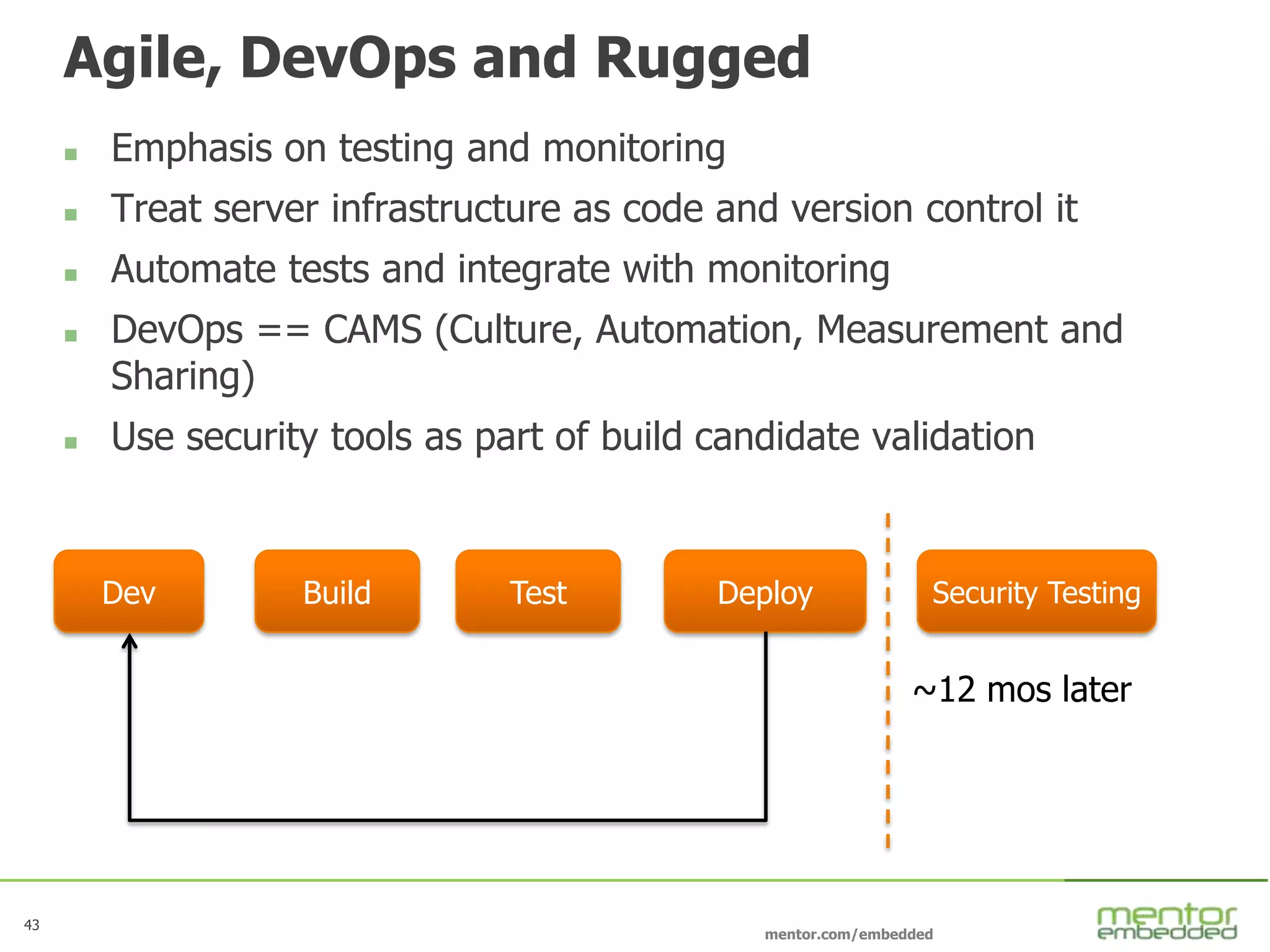 43
mentor.com/embedded
Agile, DevOps and Rugged
 Emphasis on testing and monitoring
 Treat server infrastructure as code and version control it
 Automate tests and integrate with monitoring
 DevOps == CAMS (Culture, Automation, Measurement and
Sharing)
 Use security tools as part of build candidate validation
BuildDev Test Deploy Security Testing
~12 mos later
 