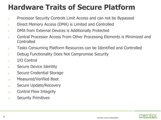 32
mentor.com/embedded
32
Hardware Traits of Secure Platform
1. Processor Security Controls Limit Access and can not be Bypassed
2. Direct Memory Access (DMA) is Limited and Controlled
3. DMA from External Devices is Additionally Protected
4. Central Processor Access From Other Processing Elements is Minimized and
Controlled
5. Tasks Consuming Platform Resources can be Identified and Controlled
6. Debug Functionality Does Not Compromise Security
7. I/O Control
8. Secure Device Identity
9. Secure Credential Storage
10. Measured/Verified Boot
11. Secure Update/Recovery
12. Control Flow Integrity
13. Security Primitives
 