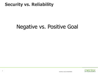 7
mentor.com/embedded
7
Security vs. Reliability
Negative vs. Positive Goal
 