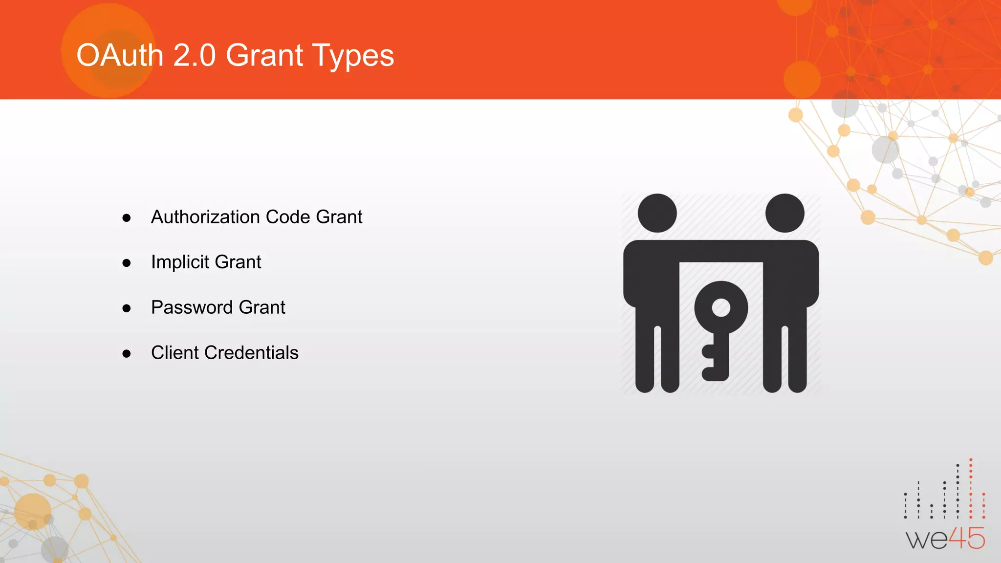 OAuth 2.0 Grant Types
● Authorization Code Grant
● Implicit Grant
● Password Grant
● Client Credentials
 