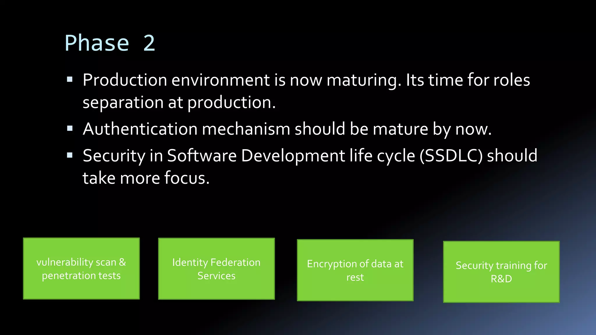 Phase 2
 Production environment is now maturing. Its time for roles
separation at production.
 Authentication mechanism should be mature by now.
 Security in Software Development life cycle (SSDLC) should
take more focus.
vulnerability scan &
penetration tests
Identity Federation
Services
Encryption of data at
rest
Security training for
R&D
 