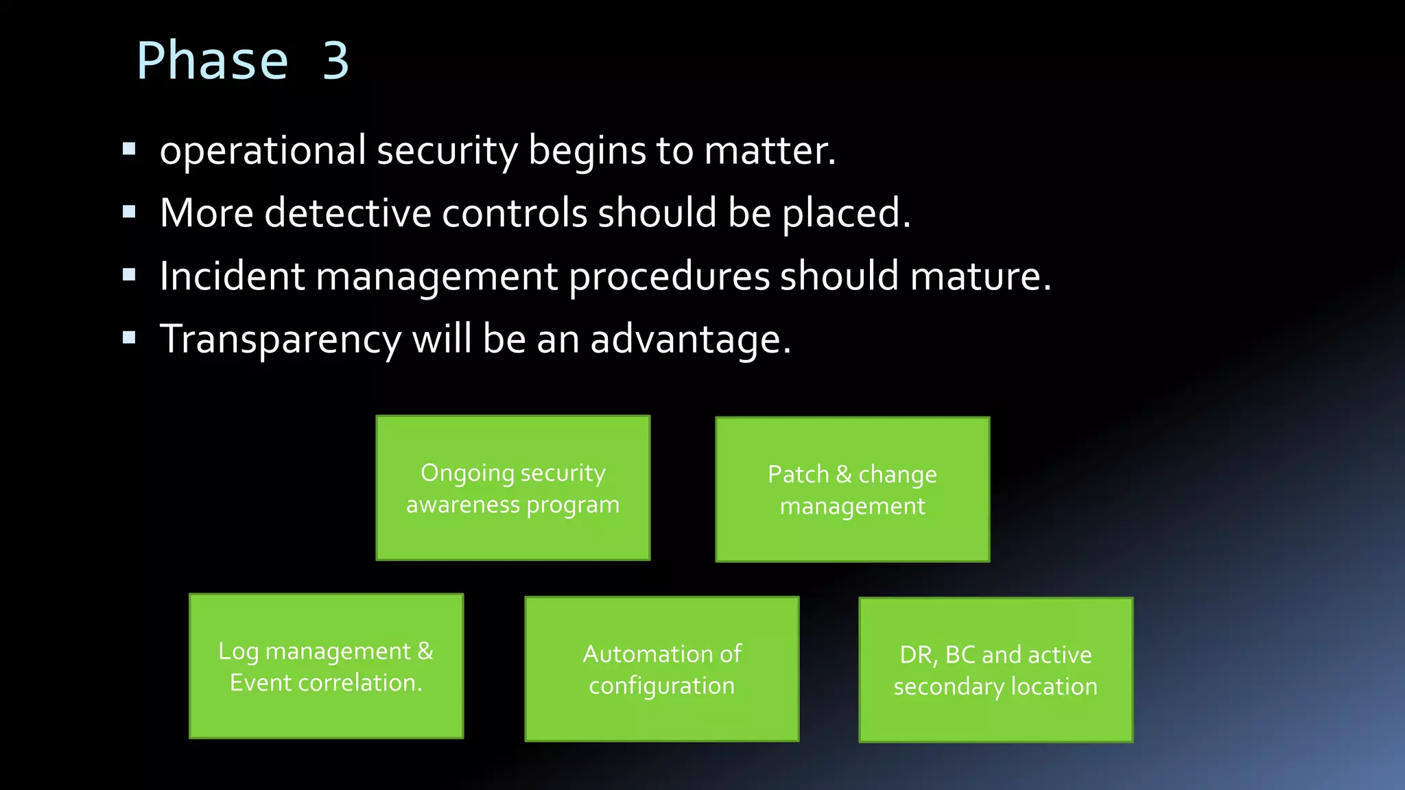 Phase 3
 operational security begins to matter.
 More detective controls should be placed.
 Incident management procedures should mature.
 Transparency will be an advantage.
DR, BC and active
secondary location
Log management &
Event correlation.
Patch & change
management
Automation of
configuration
Ongoing security
awareness program
 