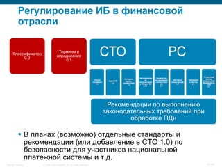 © 2008 Cisco Systems, Inc. All rights reserved.Security Training 21/64
Регулирование ИБ в финансовой
отрасли
 В планах (возможно) отдельные стандарты и
рекомендации (или добавление в СТО 1.0) по
безопасности для участников национальной
платежной системы и т.д.
Классификатор
0.0
Термины и
определения
0.1
Рекомендации по выполнению
законодательных требований при
обработке ПДн
 