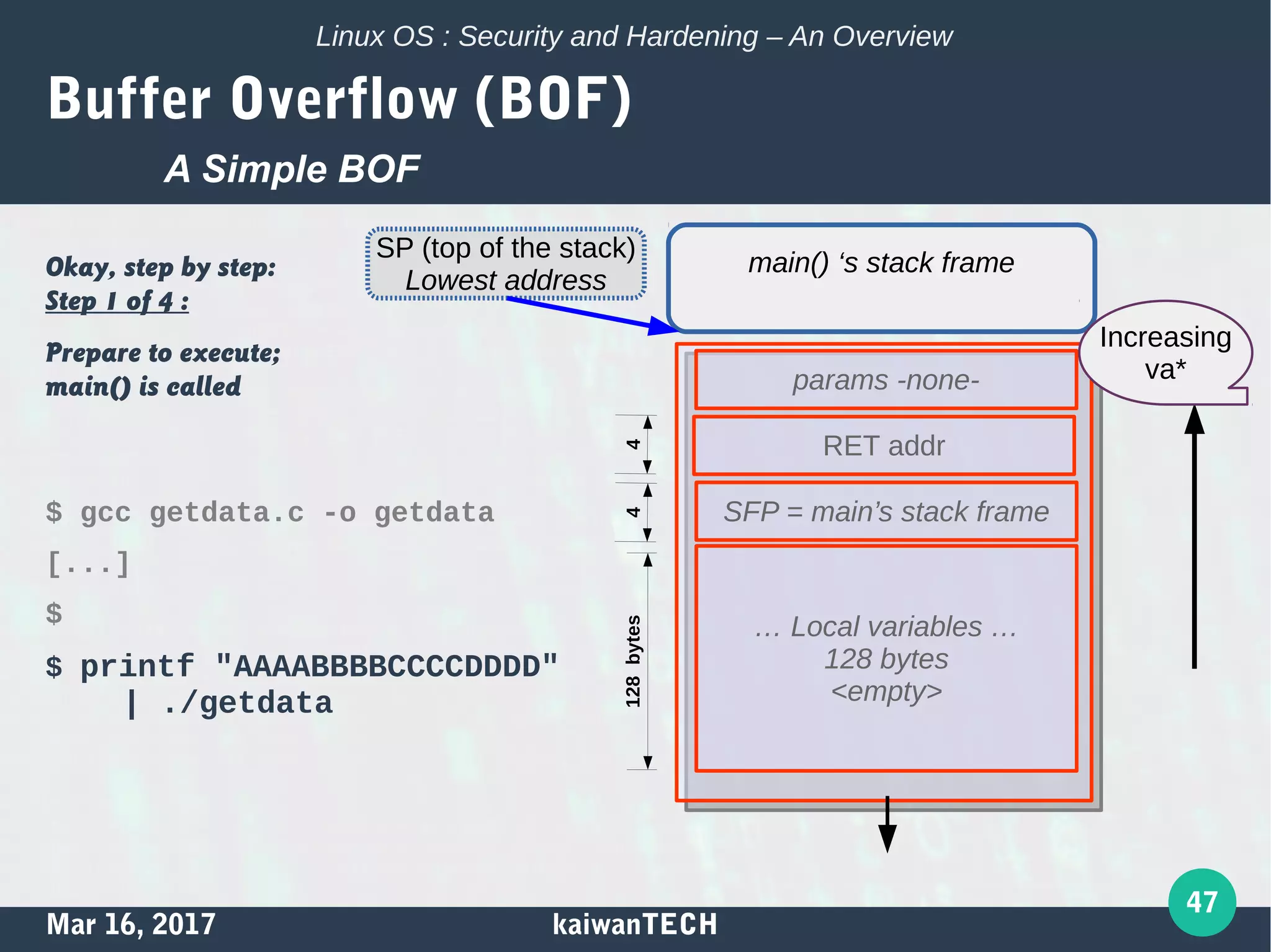 Mar 16, 2017 kaiwanTECH
47
Linux OS : Security and Hardening – An Overview
Buffer Overflow (BOF)
Okay, step by step:
Step 1 of 4 :
Prepare to execute;
main() is called
$ gcc getdata.c -o getdata
[...]
$
$ printf "AAAABBBBCCCCDDDD"
| ./getdata
A Simple BOF
main() ‘s stack frame
params -none-
RET addr
SFP = main’s stack frame
… Local variables …
128 bytes
<empty>
4128bytes4
SP (top of the stack)
Lowest address
Increasing
va*
 