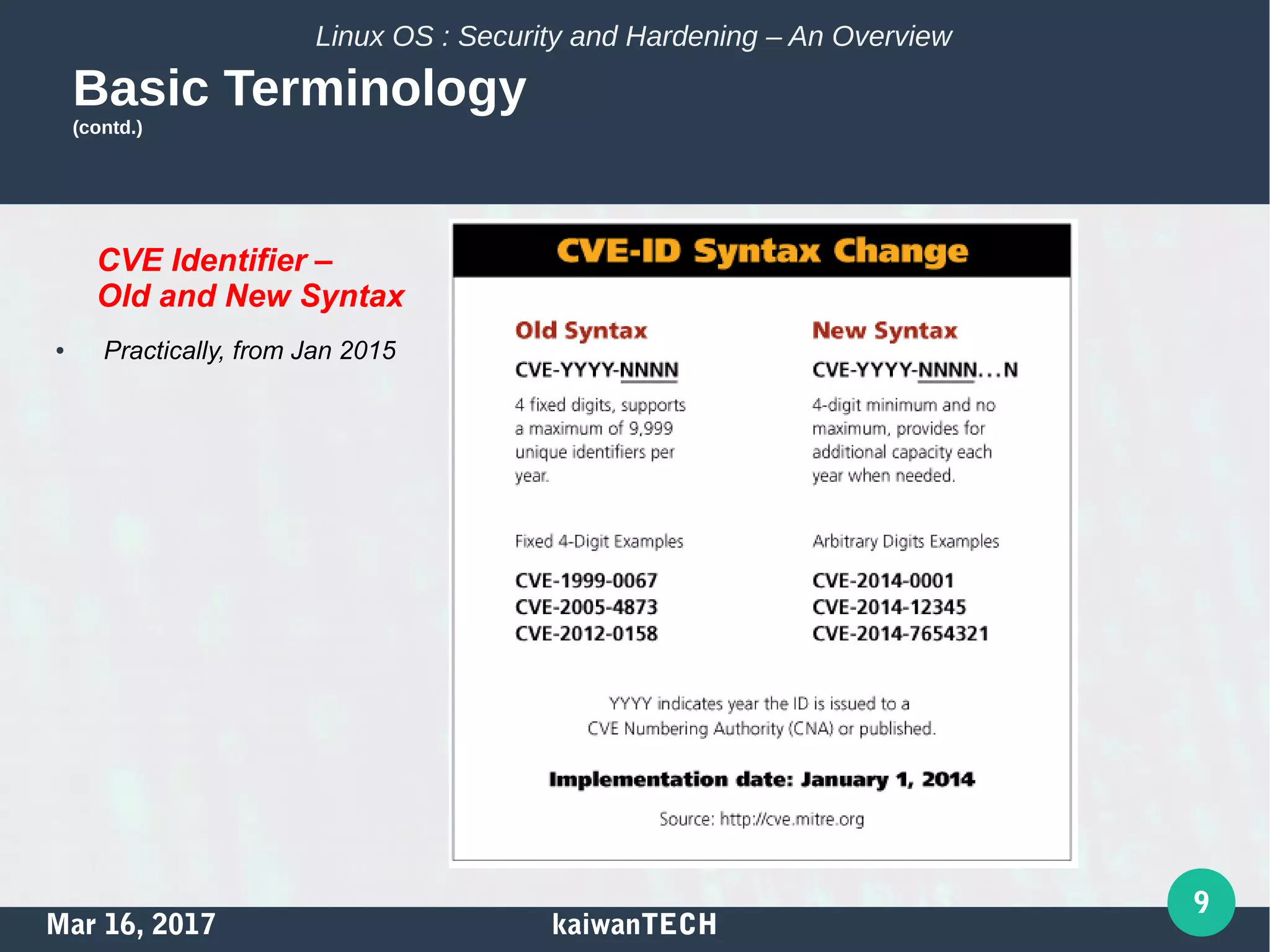 Mar 16, 2017 kaiwanTECH
9
Linux OS : Security and Hardening – An Overview
Basic Terminology
(contd.)
CVE Identifier –
Old and New Syntax
● Practically, from Jan 2015
 