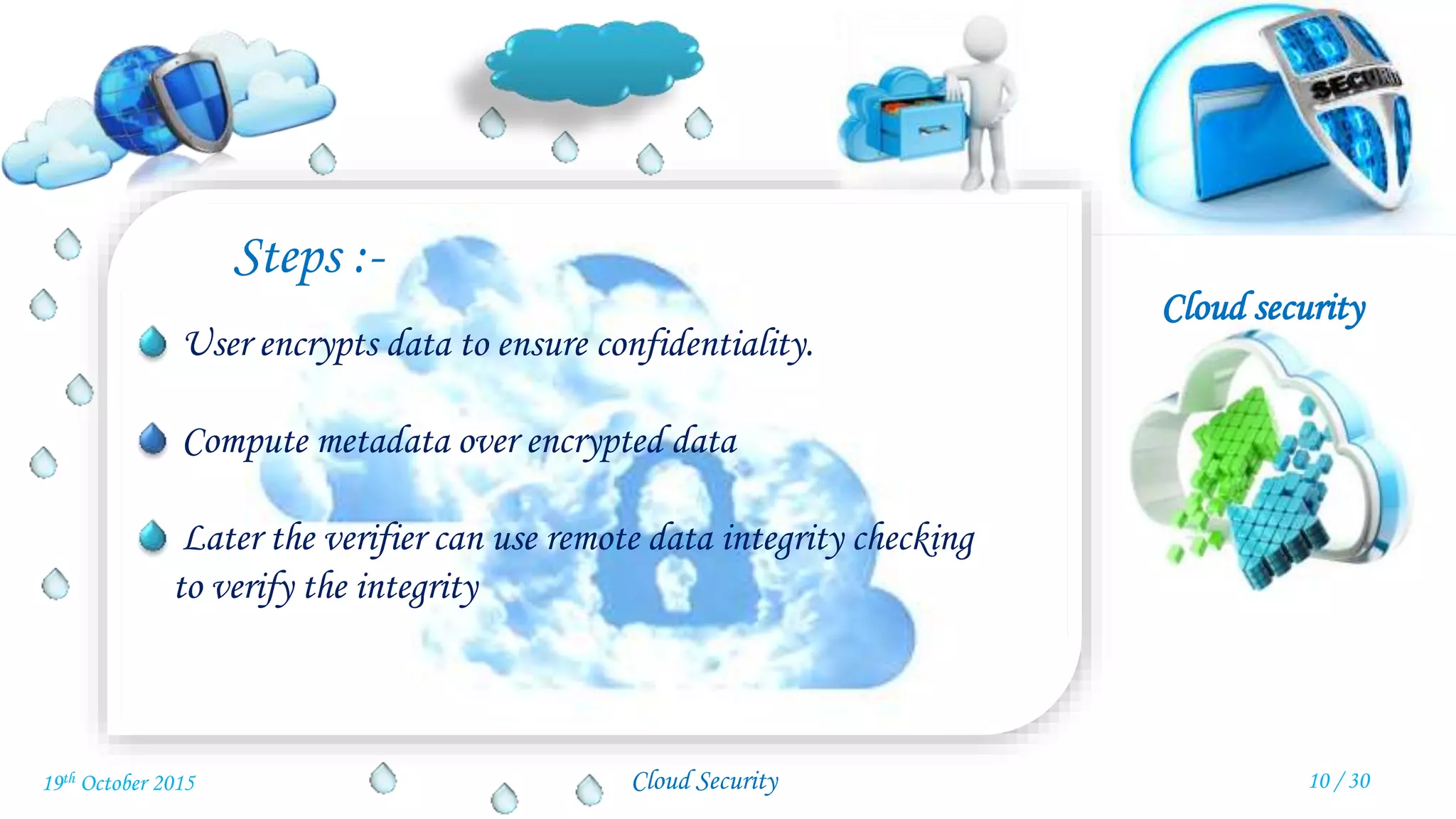 Cloud security
Cloud Security
Steps :-
User encrypts data to ensure confidentiality.
Compute metadata over encrypted data
Later the verifier can use remote data integrity checking
to verify the integrity
10 / 3019th October 2015
 