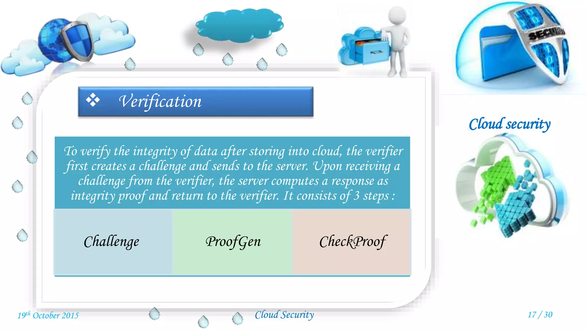 Cloud security
Cloud Security
 Verification
To verify the integrity of data after storing into cloud, the verifier
first creates a challenge and sends to the server. Upon receiving a
challenge from the verifier, the server computes a response as
integrity proof and return to the verifier. It consists of 3 steps :
Challenge ProofGen CheckProof
17 / 3019th October 2015
 