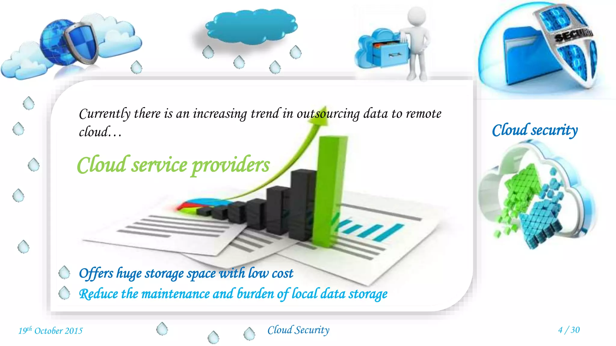 Cloud security
4 / 30Cloud Security19th October 2015
Currently there is an increasing trend in outsourcing data to remote
cloud…
Cloud service providers
Offers huge storage space with low cost
Reduce the maintenance and burden of local data storage
 
