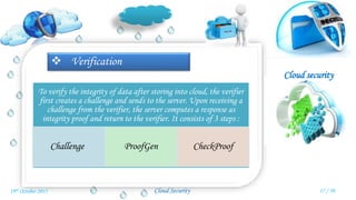 Cloud security
Cloud Security
 Verification
To verify the integrity of data after storing into cloud, the verifier
first creates a challenge and sends to the server. Upon receiving a
challenge from the verifier, the server computes a response as
integrity proof and return to the verifier. It consists of 3 steps :
Challenge ProofGen CheckProof
17 / 3019th October 2015
 