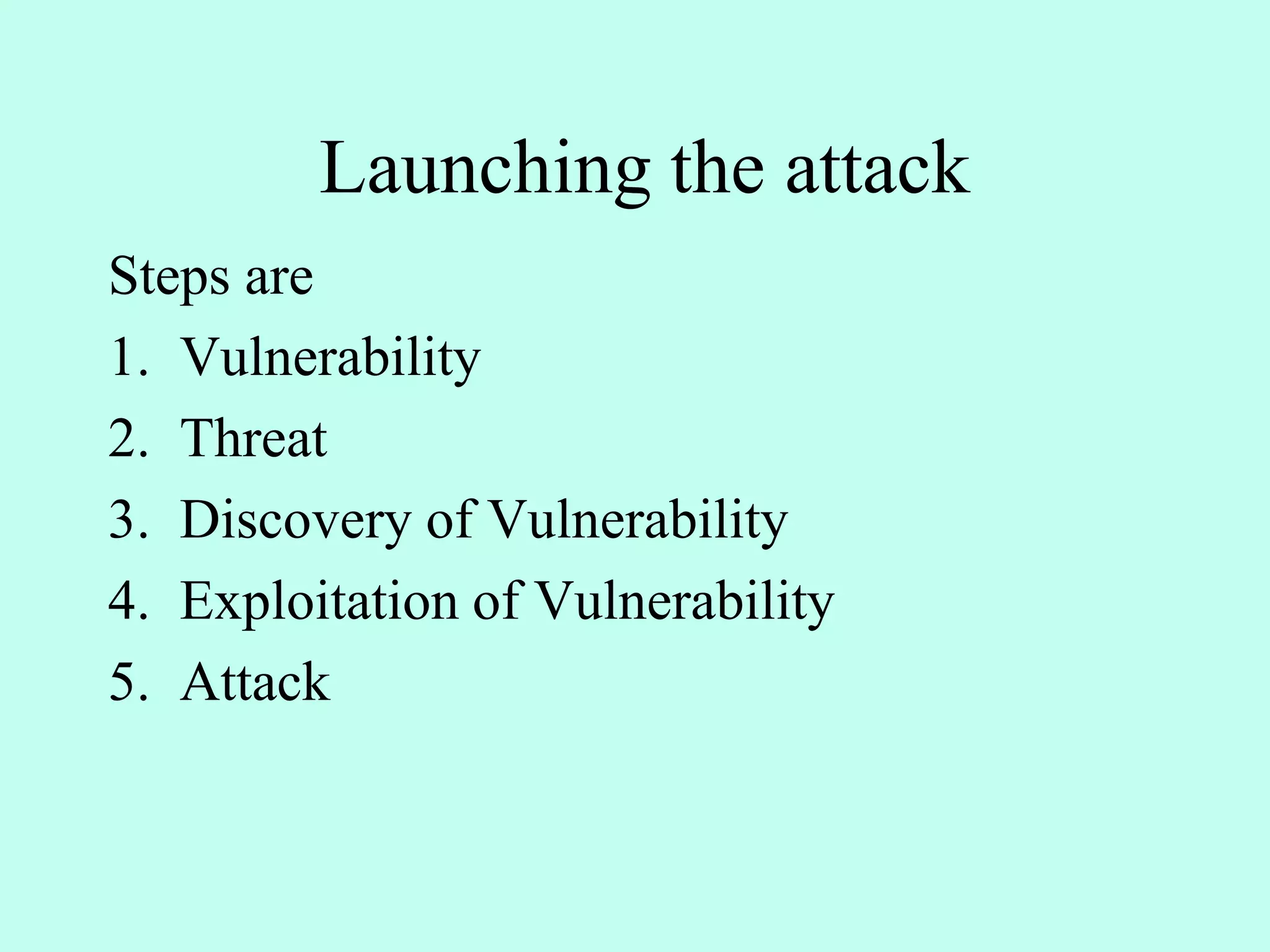 Launching the attack
Steps are
1. Vulnerability
2. Threat
3. Discovery of Vulnerability
4. Exploitation of Vulnerability
5. Attack
 