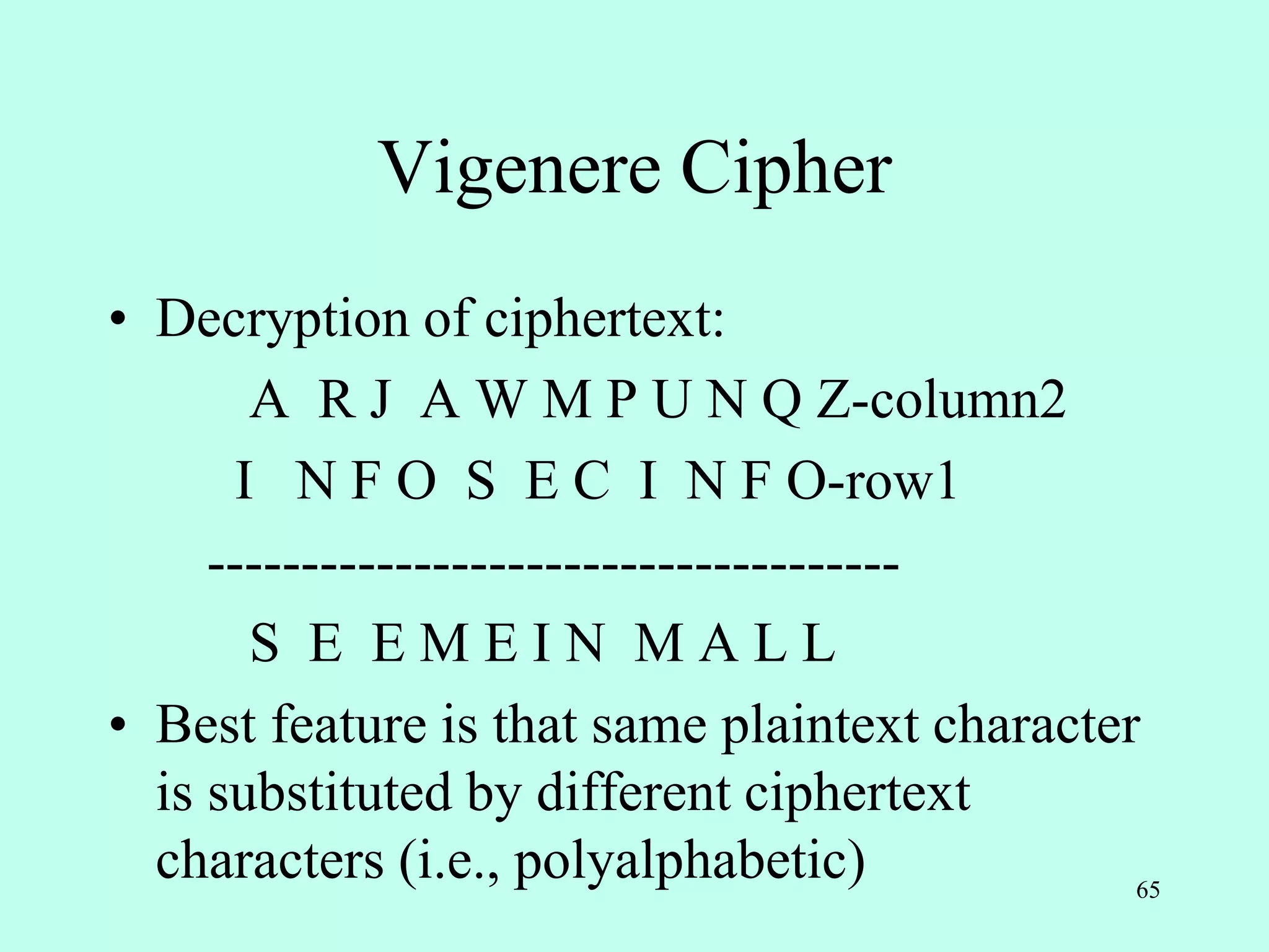 65
Vigenere Cipher
• Decryption of ciphertext:
A R J A W M P U N Q Z-column2
I N F O S E C I N F O-row1
-------------------------------------
S E E M E I N M A L L
• Best feature is that same plaintext character
is substituted by different ciphertext
characters (i.e., polyalphabetic)
 