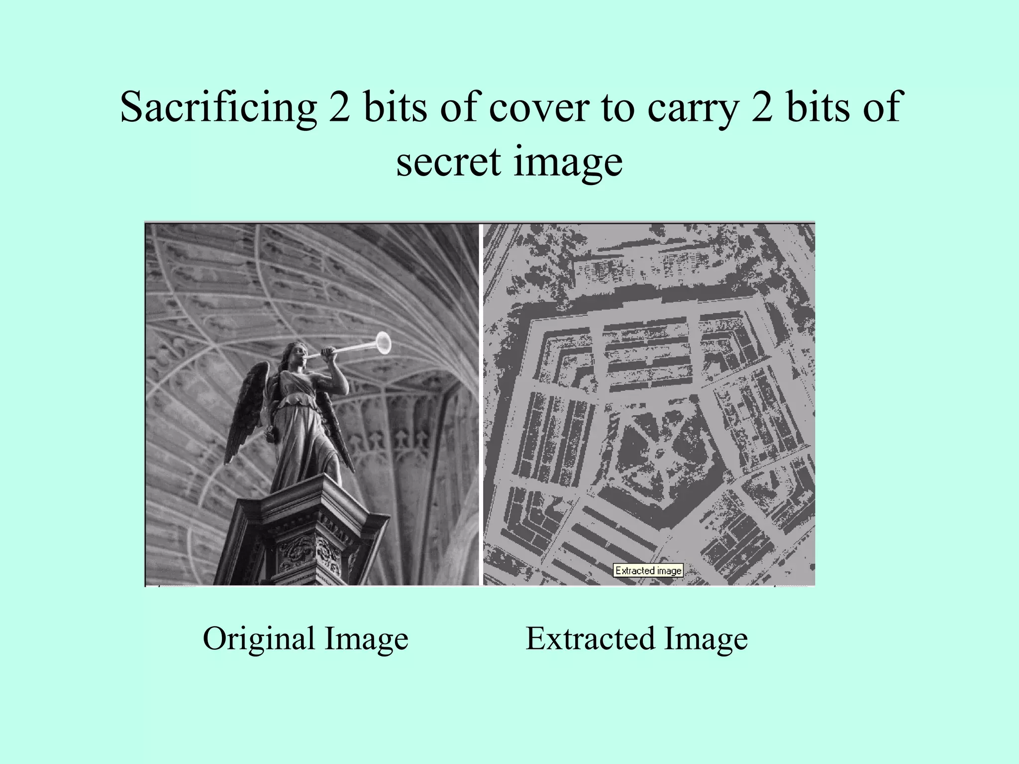 Sacrificing 2 bits of cover to carry 2 bits of
secret image
Original Image Extracted Image
 