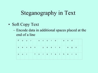 Steganography in Text
• Soft Copy Text
– Encode data in additional spaces placed at the
end of a line
F o u r s c o r e a n d
s e v e n y e a r s a g o
o u r f o r e f a t h e r s
 
