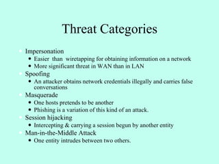 Threat Categories
 Impersonation
 Easier than wiretapping for obtaining information on a network
 More significant threat in WAN than in LAN
 Spoofing
 An attacker obtains network credentials illegally and carries false
conversations
 Masquerade
 One hosts pretends to be another
 Phishing is a variation of this kind of an attack.
 Session hijacking
 Intercepting & carrying a session begun by another entity
 Man-in-the-Middle Attack
 One entity intrudes between two others.
 