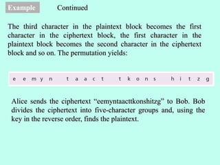 Example
The third character in the plaintext block becomes the first
character in the ciphertext block, the first character in the
plaintext block becomes the second character in the ciphertext
block and so on. The permutation yields:
Continued
Alice sends the ciphertext “eemyntaacttkonshitzg” to Bob. Bob
divides the ciphertext into five-character groups and, using the
key in the reverse order, finds the plaintext.
 