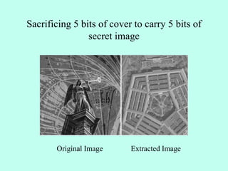 Sacrificing 5 bits of cover to carry 5 bits of
secret image
Original Image Extracted Image
 