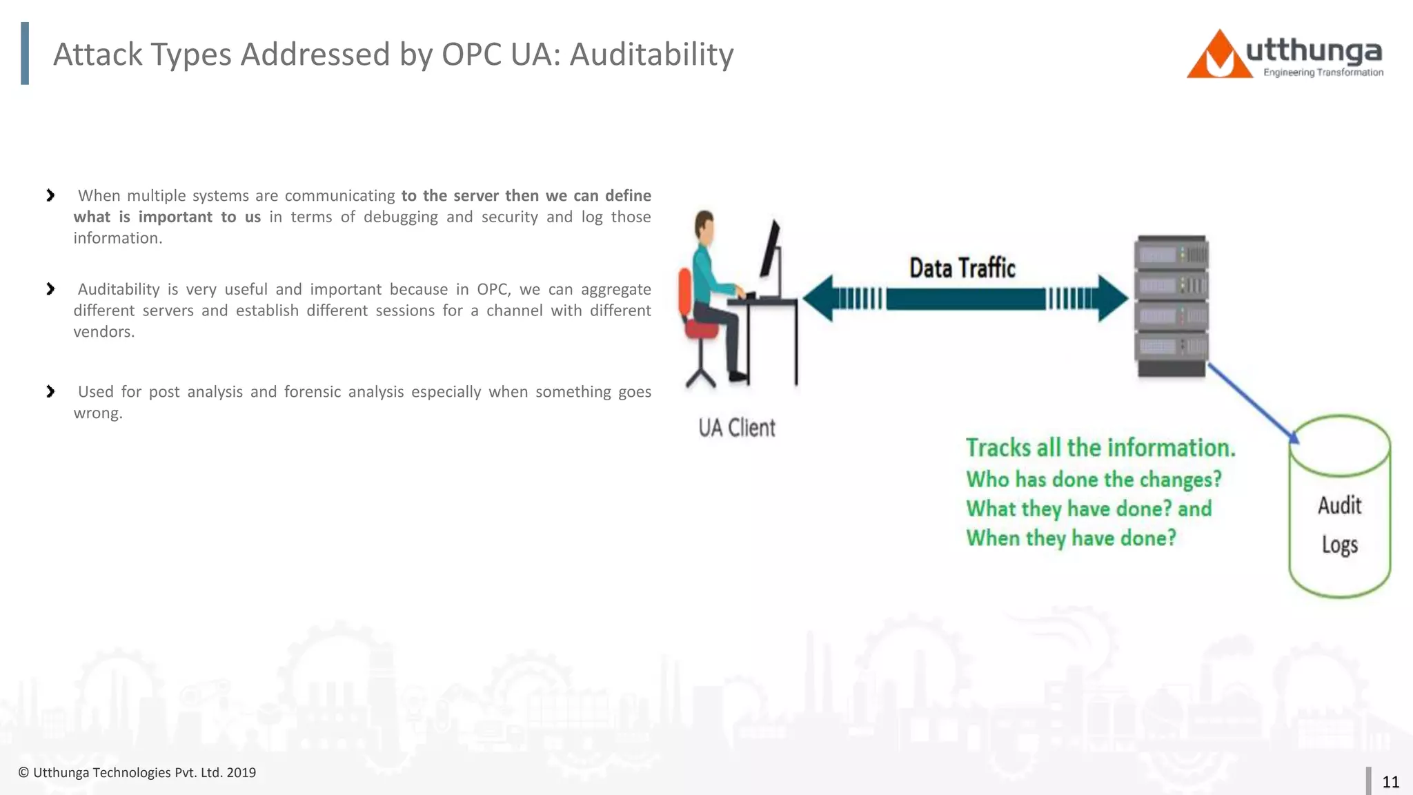 © Utthunga Technologies Pvt. Ltd. 2019
Attack Types Addressed by OPC UA: Auditability
When multiple systems are communicating to the server then we can define
what is important to us in terms of debugging and security and log those
information.
Auditability is very useful and important because in OPC, we can aggregate
different servers and establish different sessions for a channel with different
vendors.
Used for post analysis and forensic analysis especially when something goes
wrong.
11
 