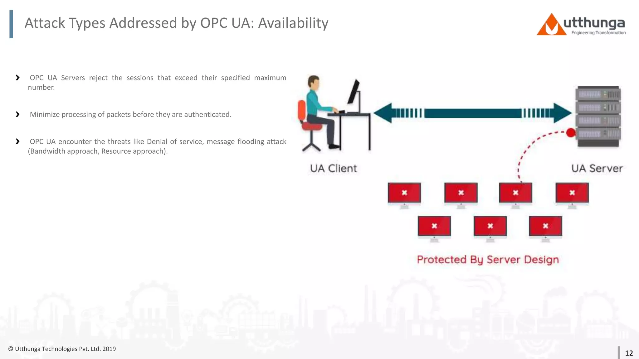 © Utthunga Technologies Pvt. Ltd. 2019
Attack Types Addressed by OPC UA: Availability
OPC UA Servers reject the sessions that exceed their specified maximum
number.
Minimize processing of packets before they are authenticated.
OPC UA encounter the threats like Denial of service, message flooding attack
(Bandwidth approach, Resource approach).
12
 