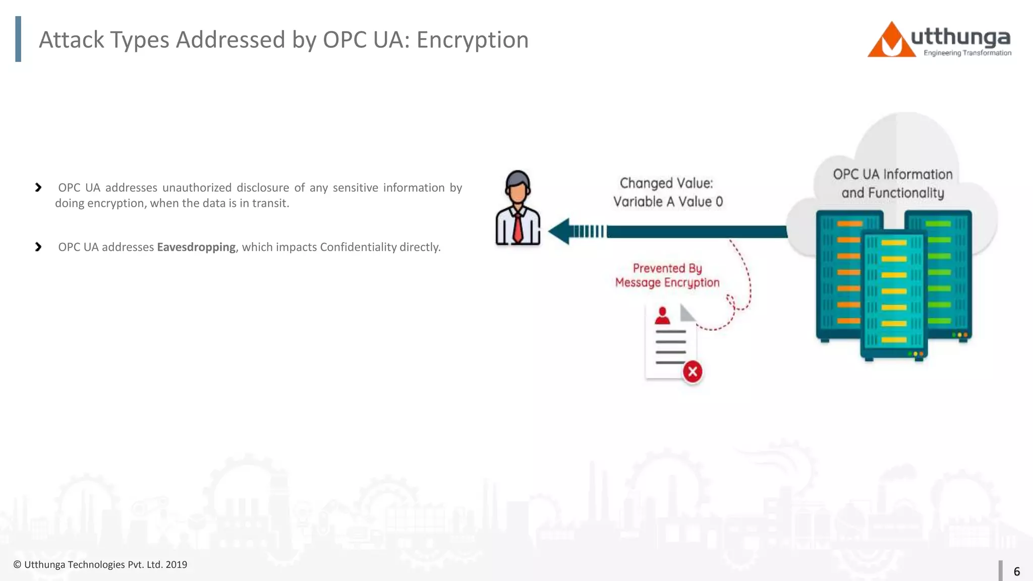© Utthunga Technologies Pvt. Ltd. 2019
Attack Types Addressed by OPC UA: Encryption
OPC UA addresses unauthorized disclosure of any sensitive information by
doing encryption, when the data is in transit.
OPC UA addresses Eavesdropping, which impacts Confidentiality directly.
6
 