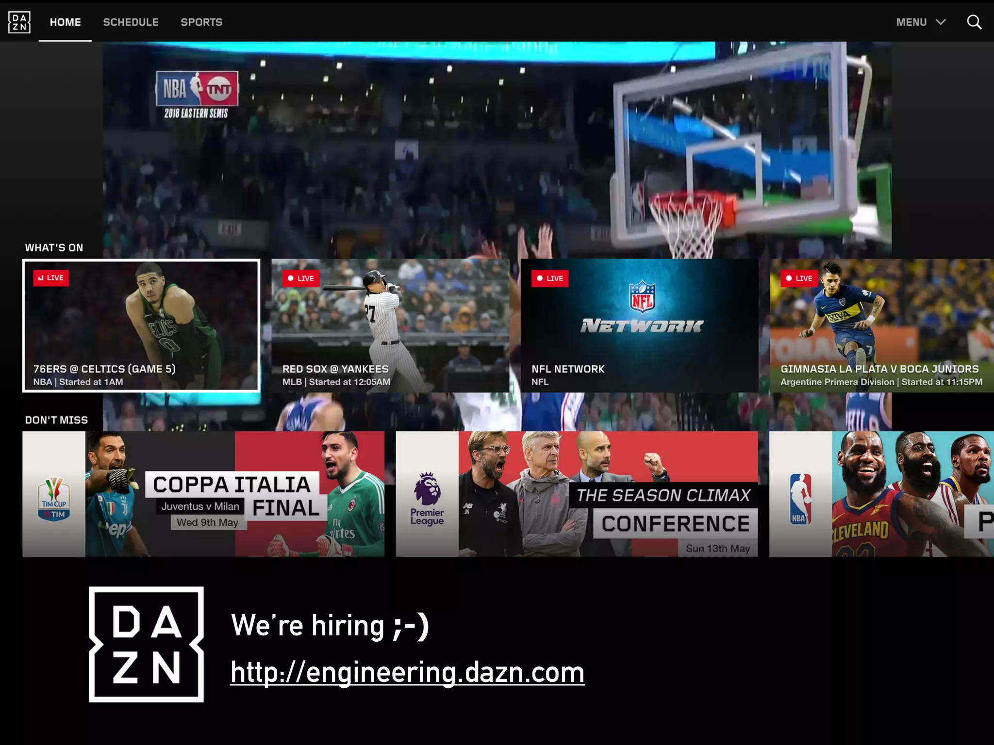 We’re hiring ;-)
http://engineering.dazn.com
 