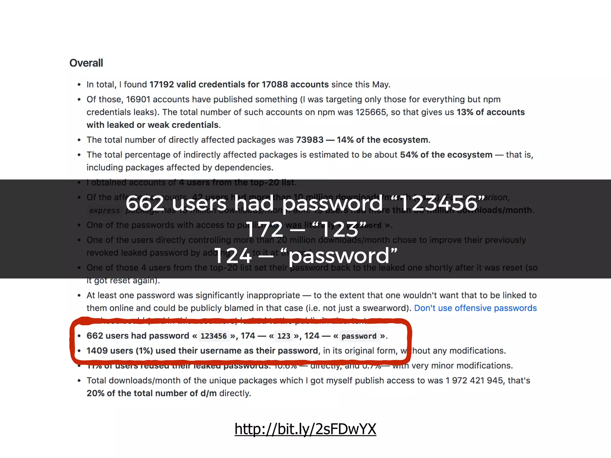 http://bit.ly/2sFDwYX
662 users had password “123456”
172 — “123”
124 — “password”
 
