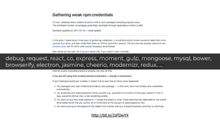 http://bit.ly/2sFDwYX
debug, request, react, co, express, moment, gulp, mongoose, mysql, bower,
browserify, electron, jasmine, cheerio, modernizr, redux, …
 
