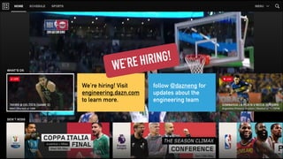 follow @dazneng for
updates about the
engineering team
We’re hiring! Visit
engineering.dazn.com
to learn more.
WE’RE HIRING!
 