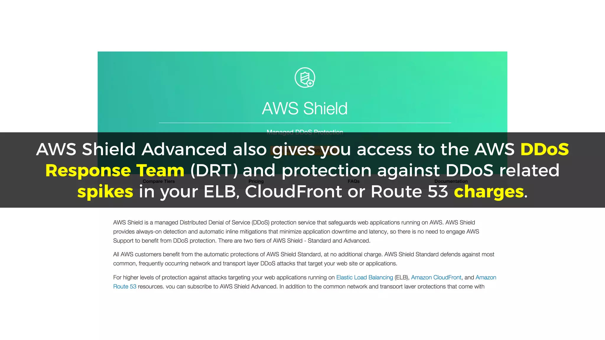 AWS Shield Advanced also gives you access to the AWS DDoS
Response Team (DRT) and protection against DDoS related
spikes in your ELB, CloudFront or Route 53 charges.
 
